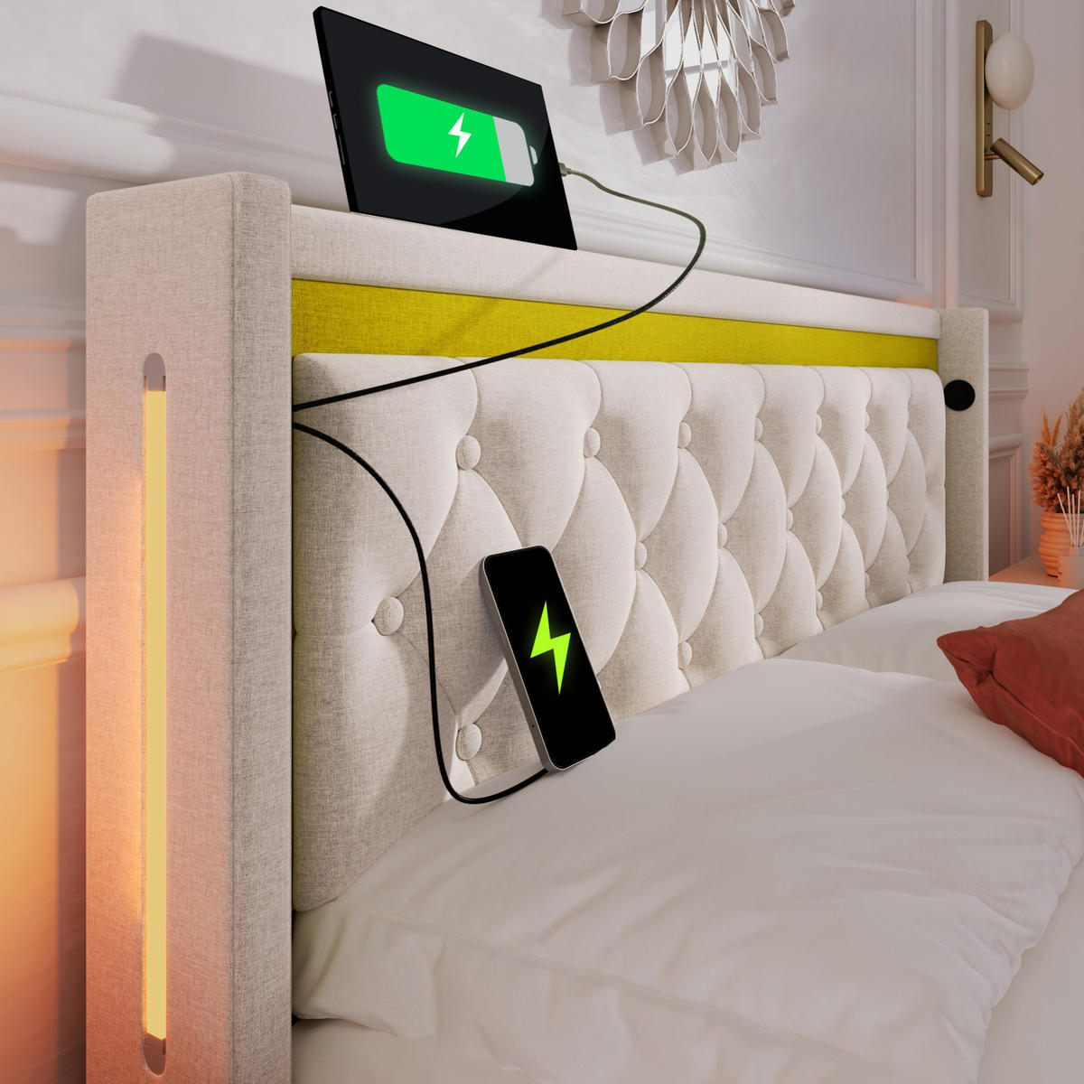 POLSTERBETT 140/200 cm Beige LED mit Stauraum und USB-Anschlüssen mit Matratze - Beige, Textil (140/200cm) - OKWISH