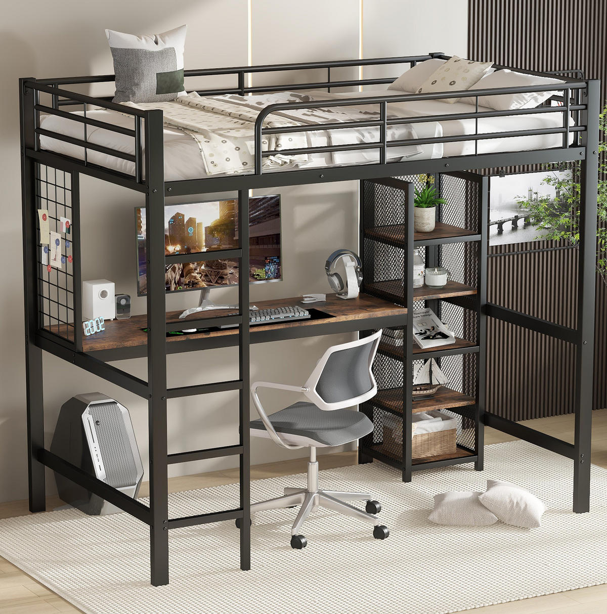 HOCHBETT 90/200 cm mit Schreibtisch und Stauraum in Schwarz/Dunkelholz - Schwarz, Holzwerkstoff (90/200cm) - BEAOK
