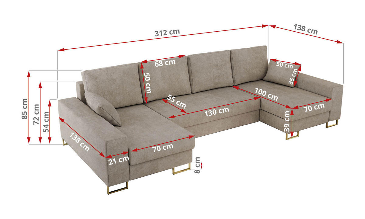 WOHNLANDSCHAFT DORIAN U Struktur Beige - Beige/Goldfarben, Textil/Metall (312/85/138cm) - MKS