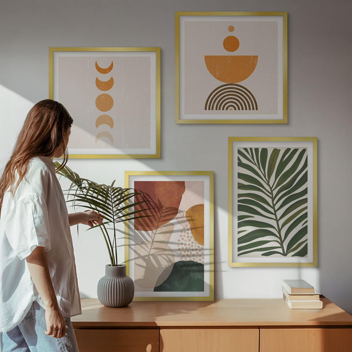 BILDER SET 4er Set - 50x50 cm & 40x60 cm Goldrahmen - Abstrakte Blattformen - Goldfarben, Kunststoff (50/50cm) - TULUP