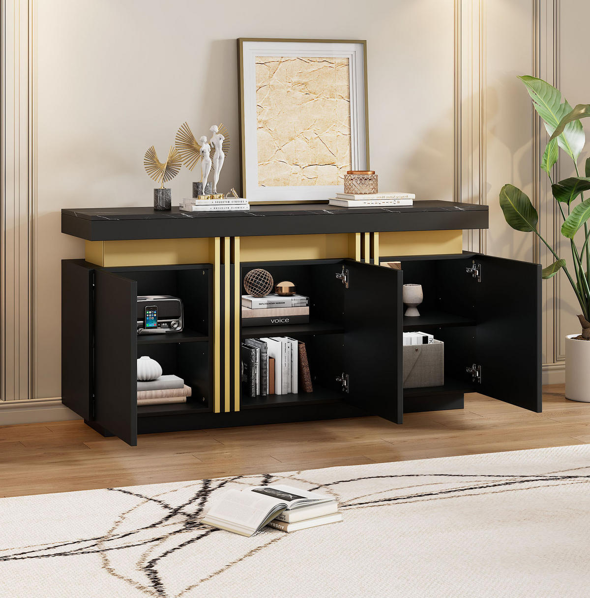 SIDEBOARD aus Spanplatte 140x38x70 cm Schwarz mit Marmordekor, 3 Türen und verstellbaren Einlegeböden - Schwarz, Holzwerkstoff (140/70/38cm) - Modfu