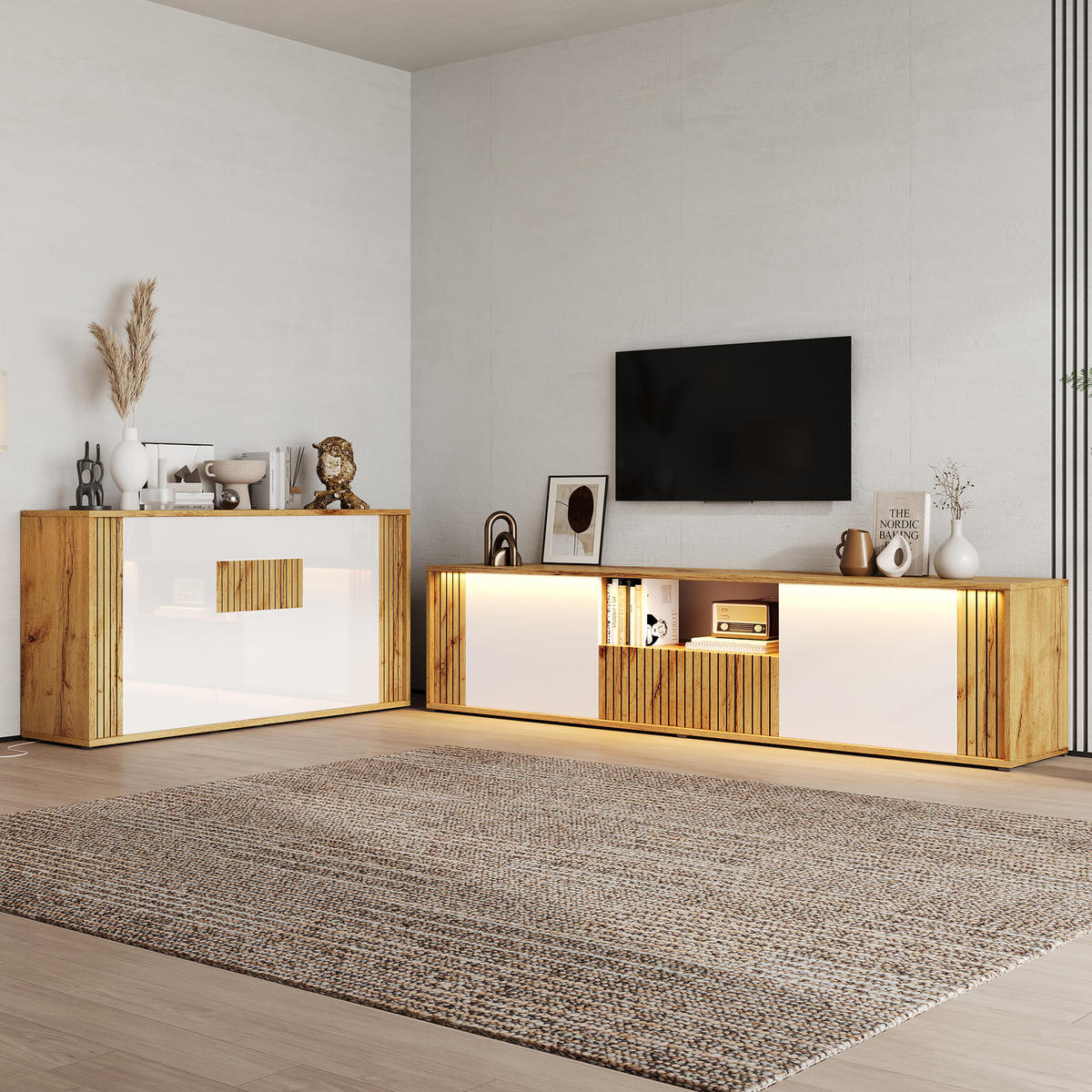 WOHNZIMMERSET 180×40×51cm Weiß mit Sideboard - Weiß/Naturfarben, Holzwerkstoff (180/51/40cm) - FLIEKS
