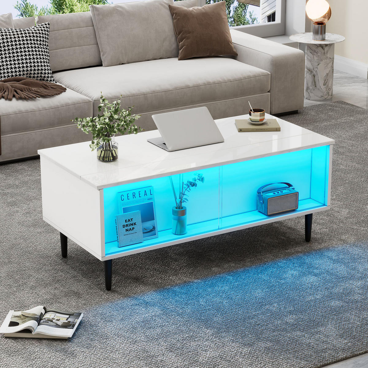 COUCHTISCH 105/50/43 cm höhenverstellbar mit Stauraum und LED-Beleuchtung in Weiß - Weiß, Holzwerkstoff (105/50/43cm) - Flora Grace