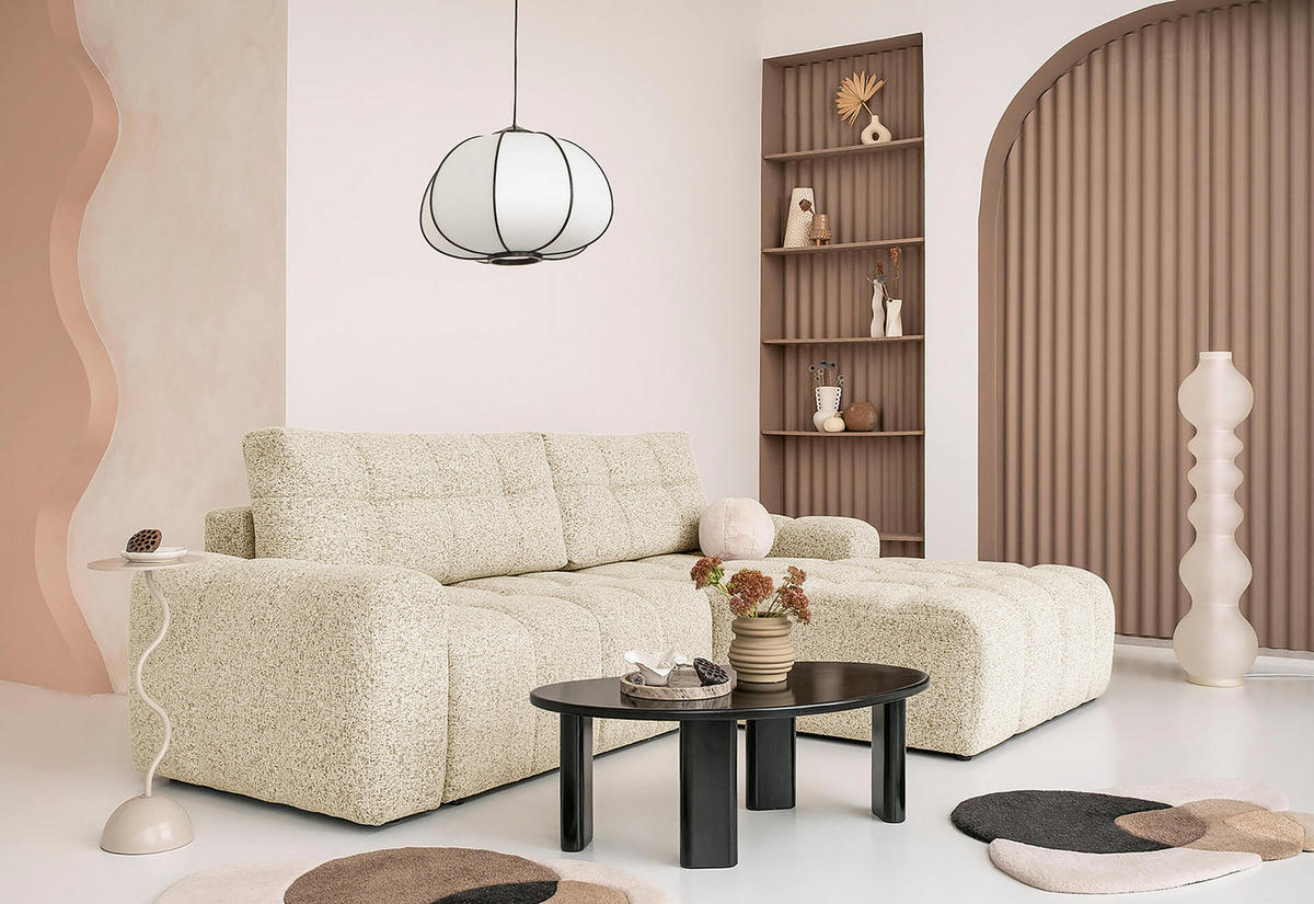 ECKSOFA mit Schlaffunktion - Strukturstoff - Creme/Schwarz, Kunststoff/Textil (268/184cm) - home24