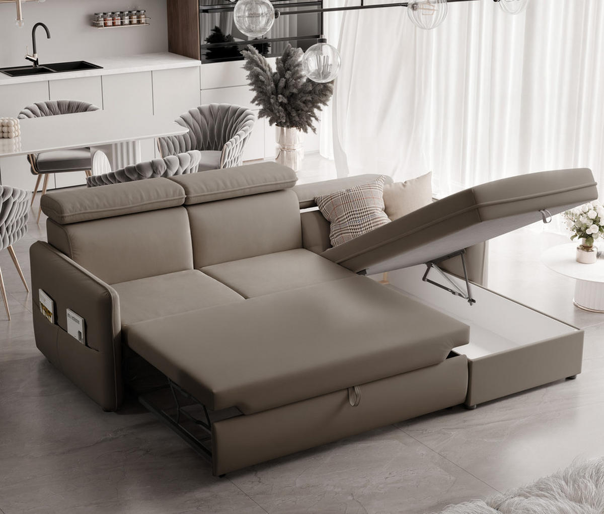 ECKSOFA BENI mit Schlaffunktion und Bettkasten, Stoff Dunkelbeige - Sandfarben, Kunststoff/Textil (220/160cm) - Idohome