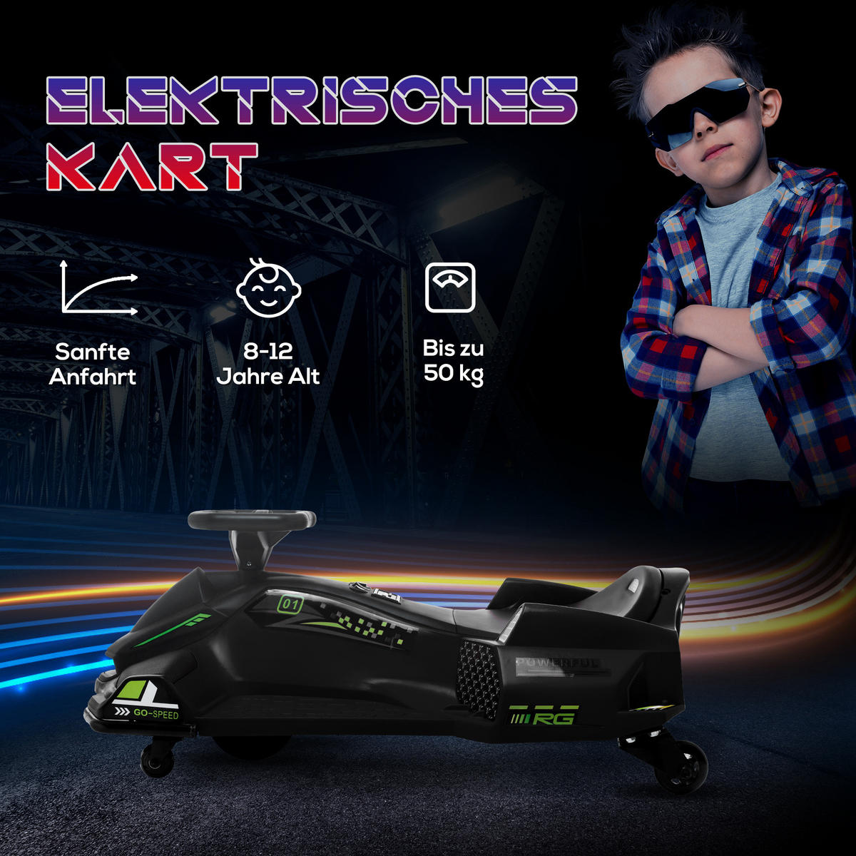 KINDER-ELEKTROGOKART 12 V 3-8km/h Drift Kart mit Driftmodus Lichtern Musik - Schwarz, Kunststoff (90/53/99cm) - HOMCOM