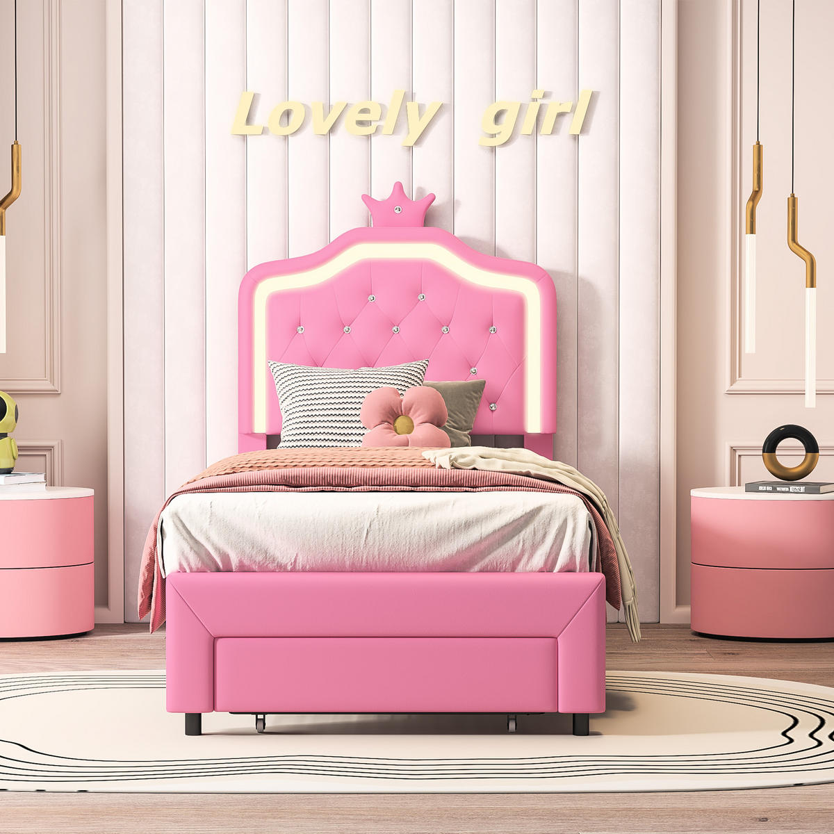 POLSTERBETT Princess Crown 90x200 cm mit höhenverstellbarem Kopfteil, PU, Lattenrost & LED-Beleuchtung, Rosa - Pink, Leder/Holz (90/200cm) - BursDany