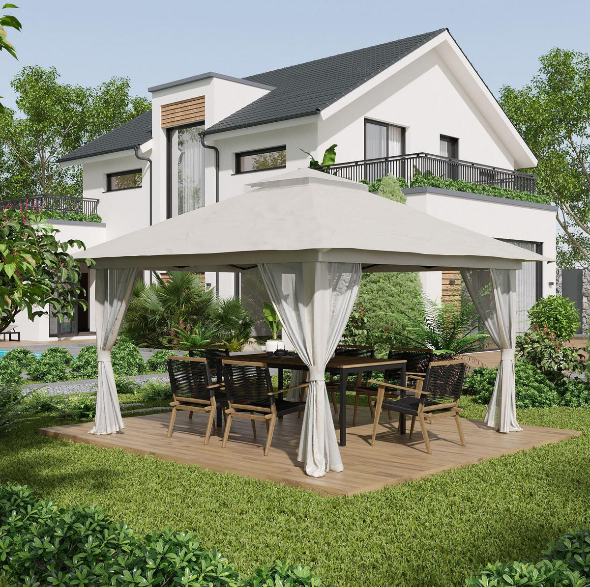 SKLÁDACÍ párty stan z polyesteru 392x392 cm krémově bílý s UV50+ - bílá, textil (392/283/392cm) - Modfu