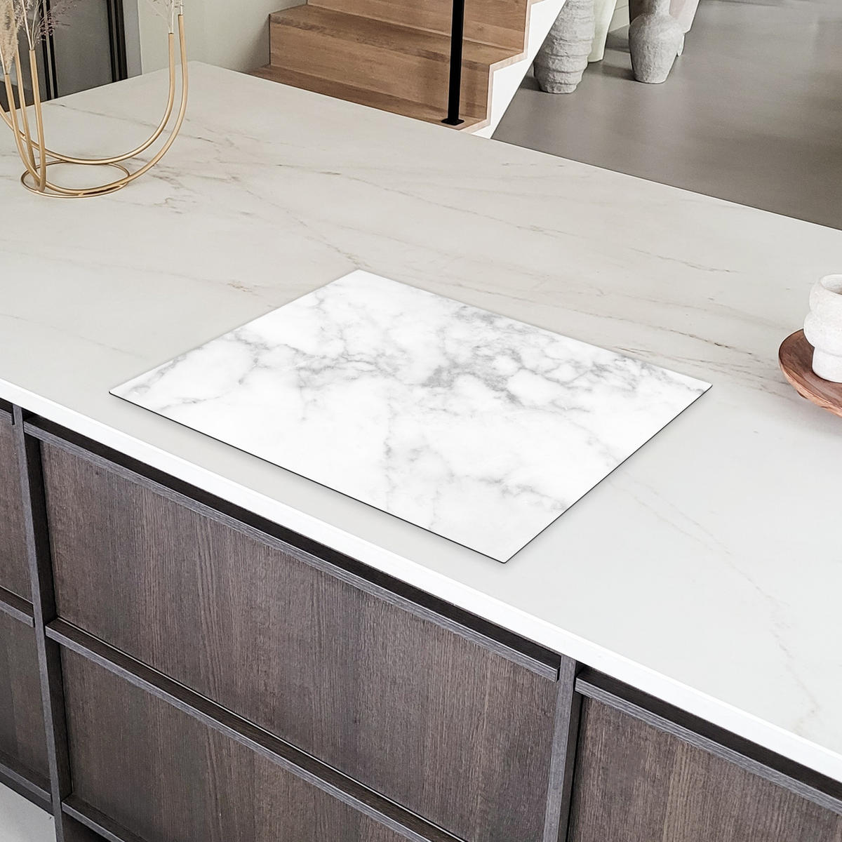 HERDABDECKPLATTE Marmor - Grau - Weiß - Strukturierter Marmor 70x52 cm - Weiß, Kunststoff (70/52/0.2cm) - MuchoWow