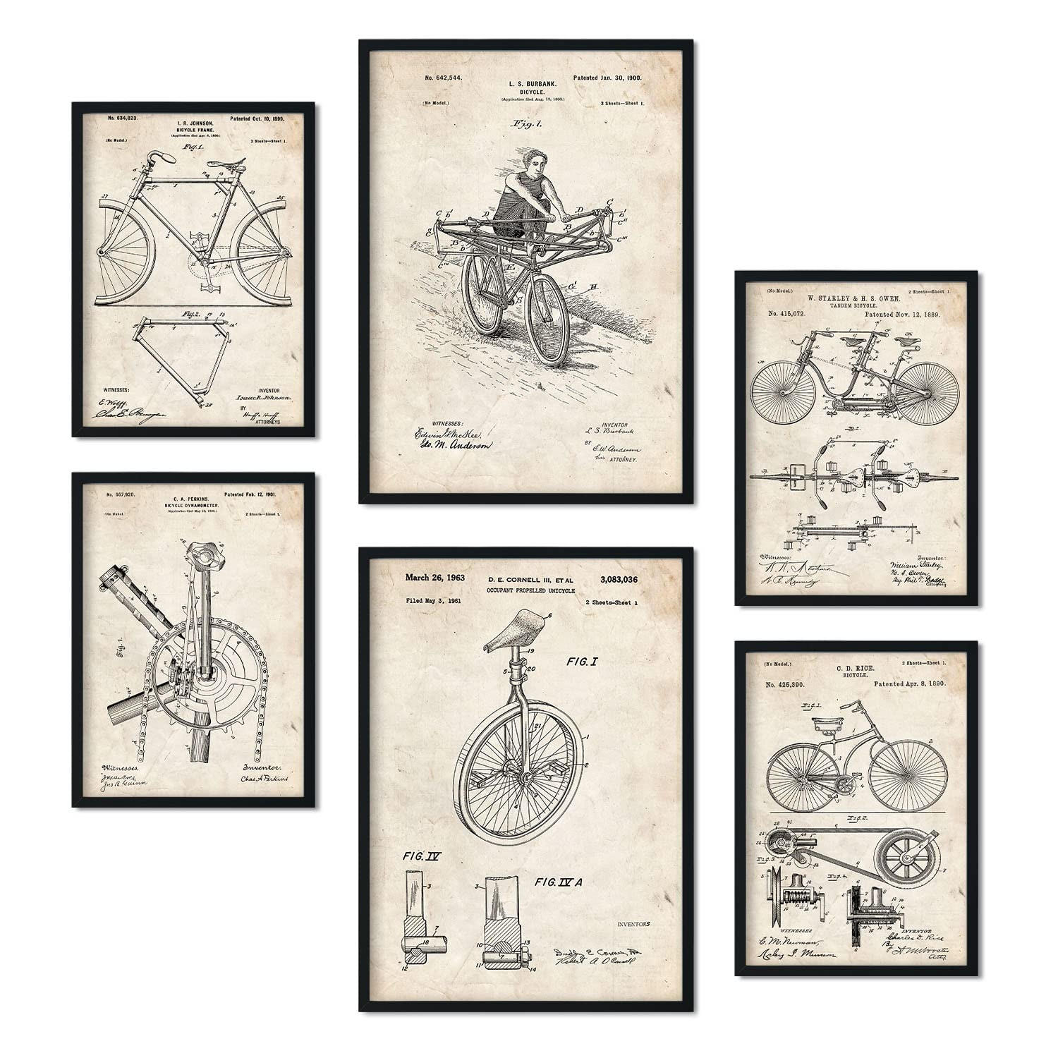 POSTER Set Mit 6 Plakaten Mit Fahrrad Patenten Im Vintage Stil A3 & A4 Rahmenlos - Klar, Papier (29/3cm) - Nacnic