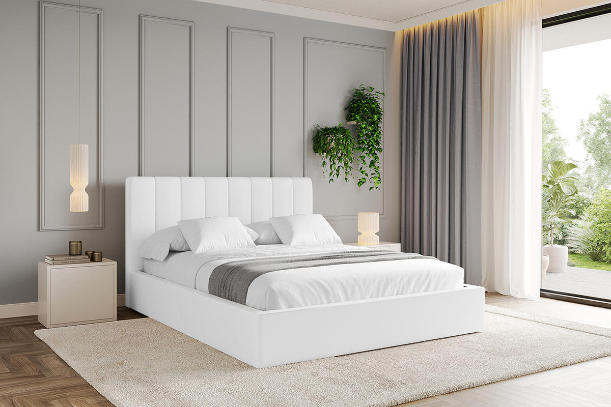 POLSTERBETT mit Bettkasten und Lattenrost, Bett mit Matratze H3/H4 - STERA 160x200 Weiß Kunstleder - Weiß Hochglanz, Holzwerkstoff/Textil (160/200cm) - ALTDECOR