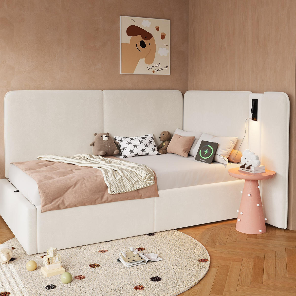 TAGESBETT 90/200 cm aus Samt mit hydraulischem Stauraum, USB-C-Anschluss und Leselampe Beige - Beige, Textil (90/200cm) - Modenvie