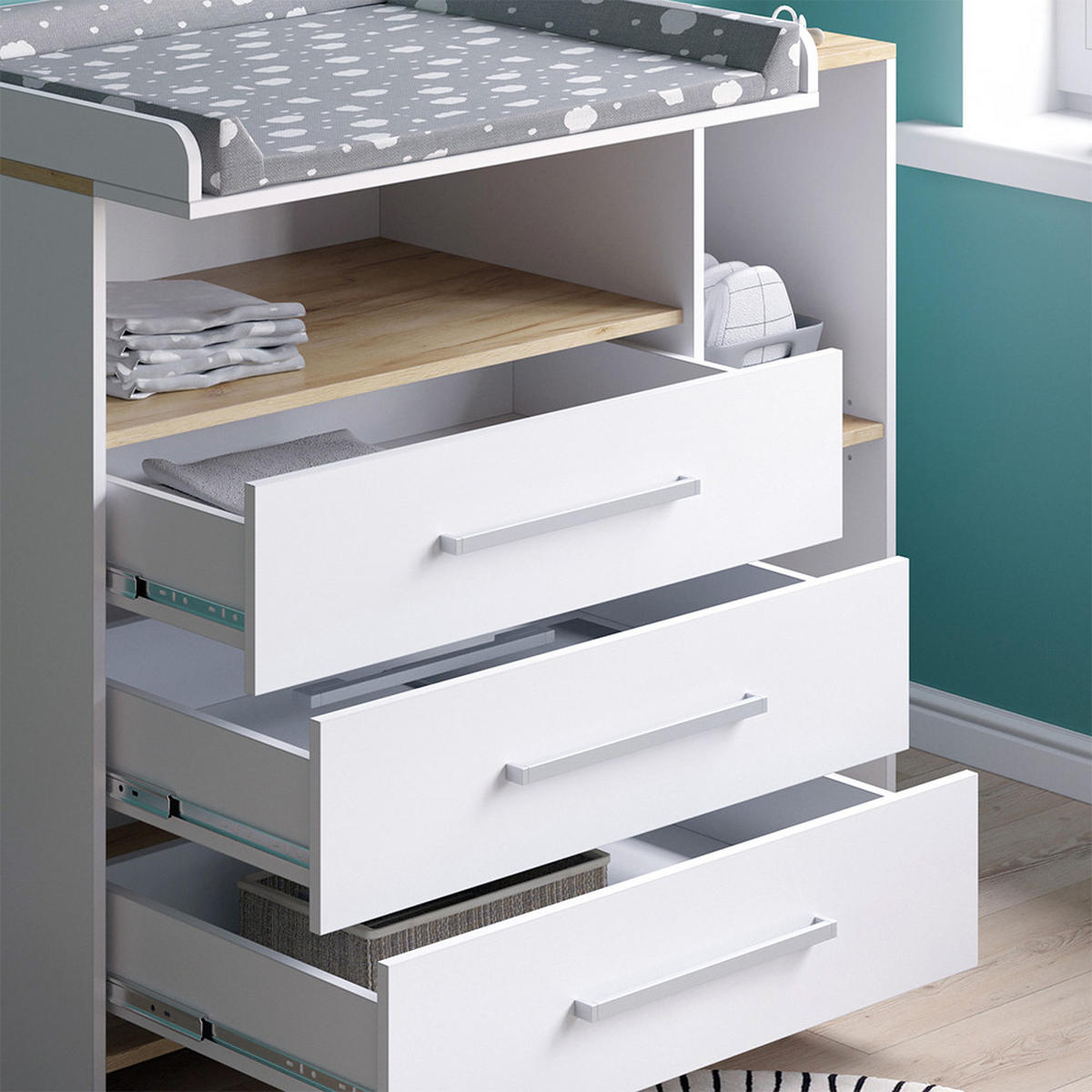 WICKELKOMMODE Oskar Weiß/Goldkraft Eiche 113 x 93 cm mit 3 Schubladen - Eiche Wotan/Weiß, Holzwerkstoff (113/93/53.1cm) - Vicco