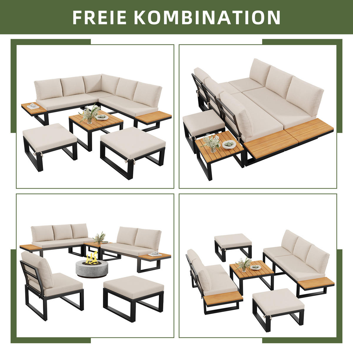 GARTENLOUNGE 6tlg Grau Beige Ecksofa Tisch Hocker verstellbar - Beige, Metall - FLIEKS