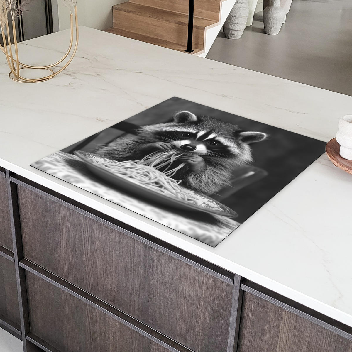 HERDABDECKPLATTE Waschbär - Niedlich - Pasta - Tischtuch - Schwarz - Weiß Induktionsmatte 78x78 cm - Grau, Kunststoff (78/78/0.2cm) - MuchoWow