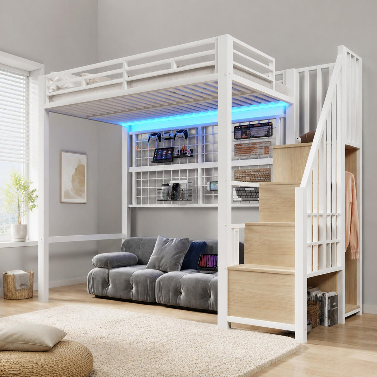 HOCHBETT 90/200 mit LED, Stauraumleiter und Kleiderschrank in Weiß - Weiß, Metall (90/200cm) - EVRYAE