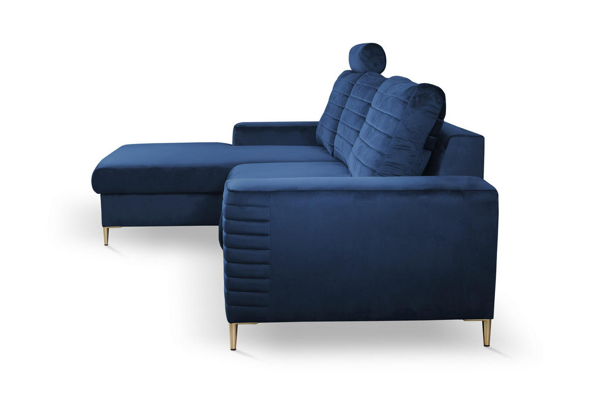 ECKSOFA GRIFO L-S Blau Velours-Stoff mit Schlaffunktion - Blau, Holz (253/165cm) - MASSENO