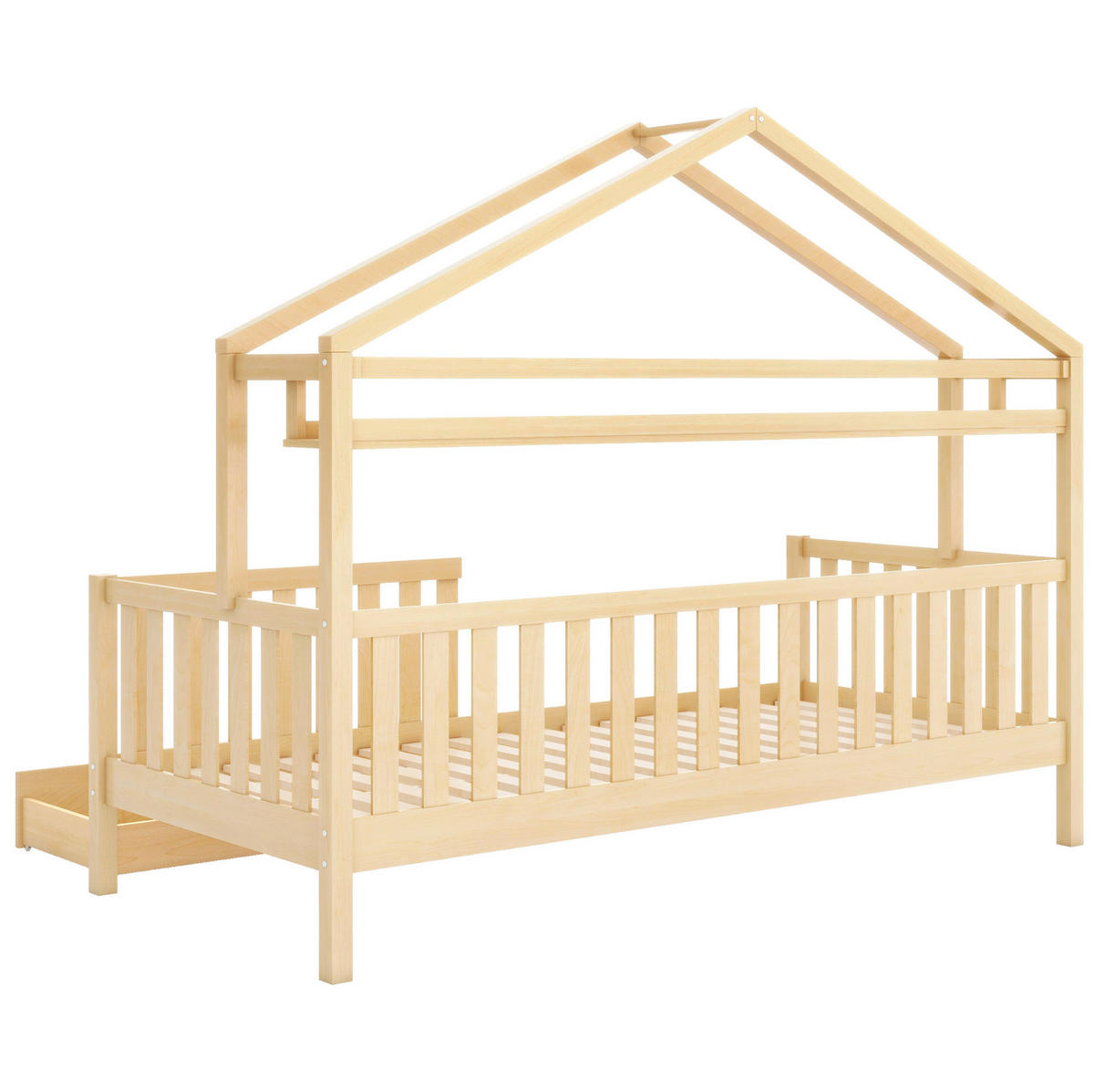 HAUSBETT 90/200 cm aus Kiefer massiv in Natur – mit Schubladen und Rausfallschutz - Naturfarben, Holz (90/200cm) - BEAOK