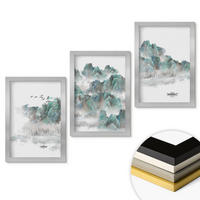 WANDBILDER 3er Set - 20x30 cm Silberner Rahmen - Berge, Wolken, Vögel, Boot, Japandi - Silberfarben, Kunststoff (20/30cm) - ArtPrintCave