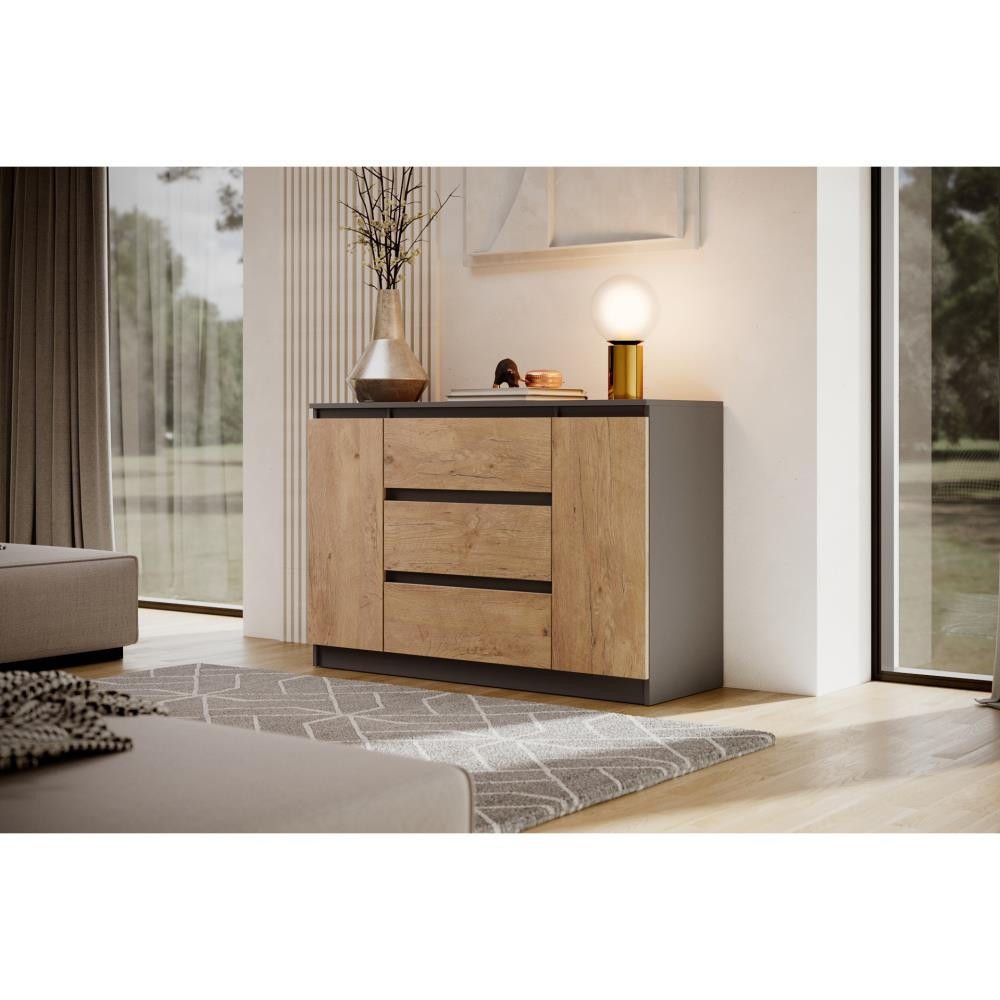 KOMMODE Lemon 120 cm mit zwei Türen und drei Schubladen Anthrazit - Eichefarben/Anthrazit, Holzwerkstoff (120/78/39cm) - Beautysofa