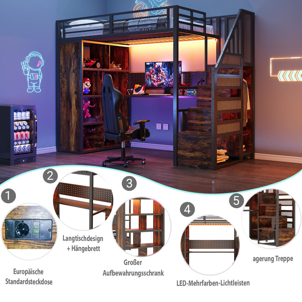 HOCHBETT 90/200 cm in Schwarz mit Stauraumtreppe, Schreibtisch und LED aus Metall - Schwarz, Holzwerkstoff/Metall (90/200cm) - CHICFURN