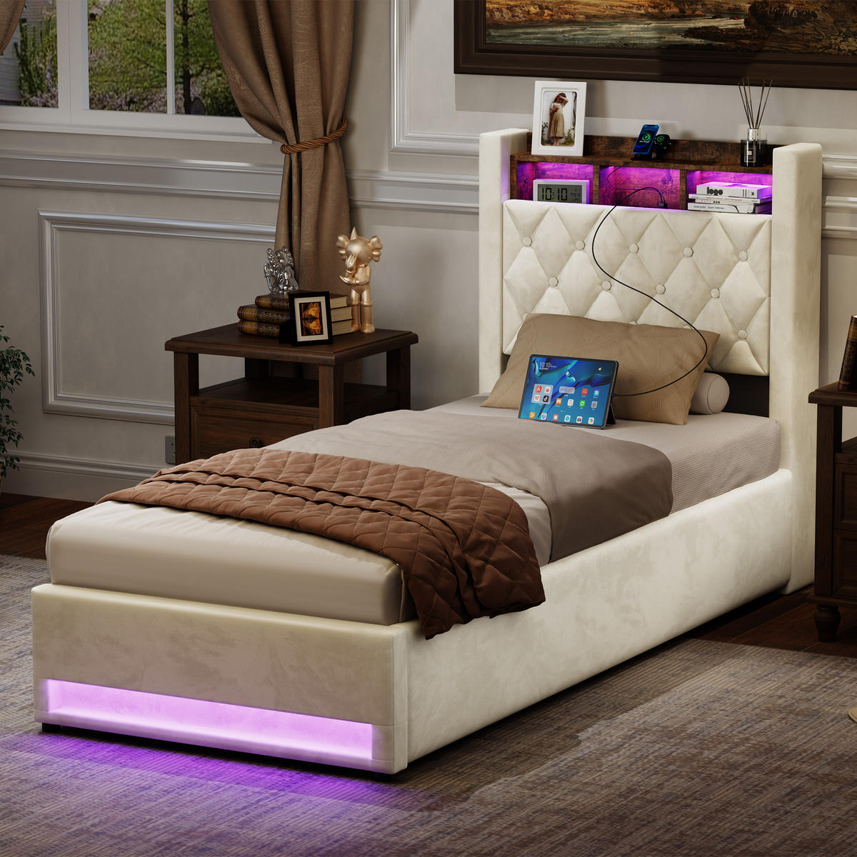 POLSTERBETT 90/200 cm Beige mit LED-Lichtleiste und USB-Anschlüssen - Beige, Holzwerkstoff (90/200cm) - OKWISH