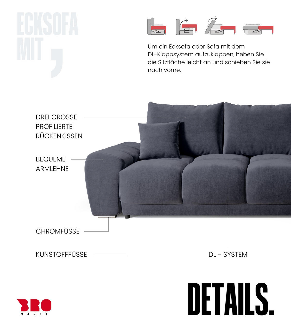 ECKSOFA Nubes mit Schlaffunktion Graphit Plüsch - Silberfarben/Graphitfarben, Kunststoff/Textil (290/180cm) - Bromarkt