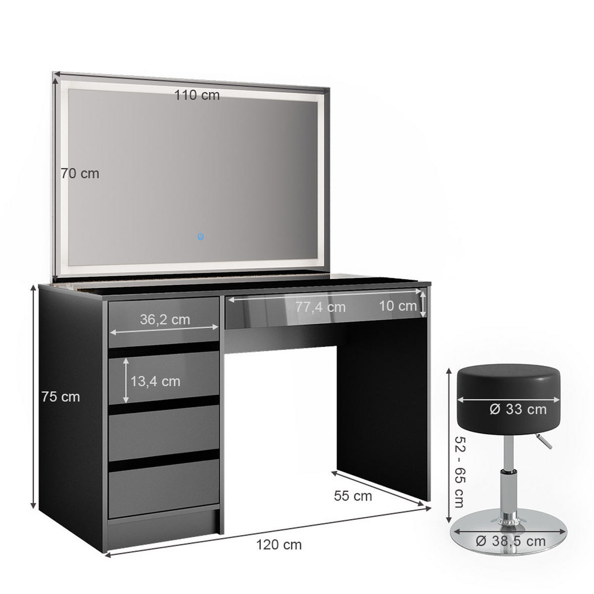 SCHMINKTISCH Sherry Anthrazit 120 cm mit LED-Spiegel und Hocker - Anthrazit, Holzwerkstoff (120/75/55cm) - Vicco