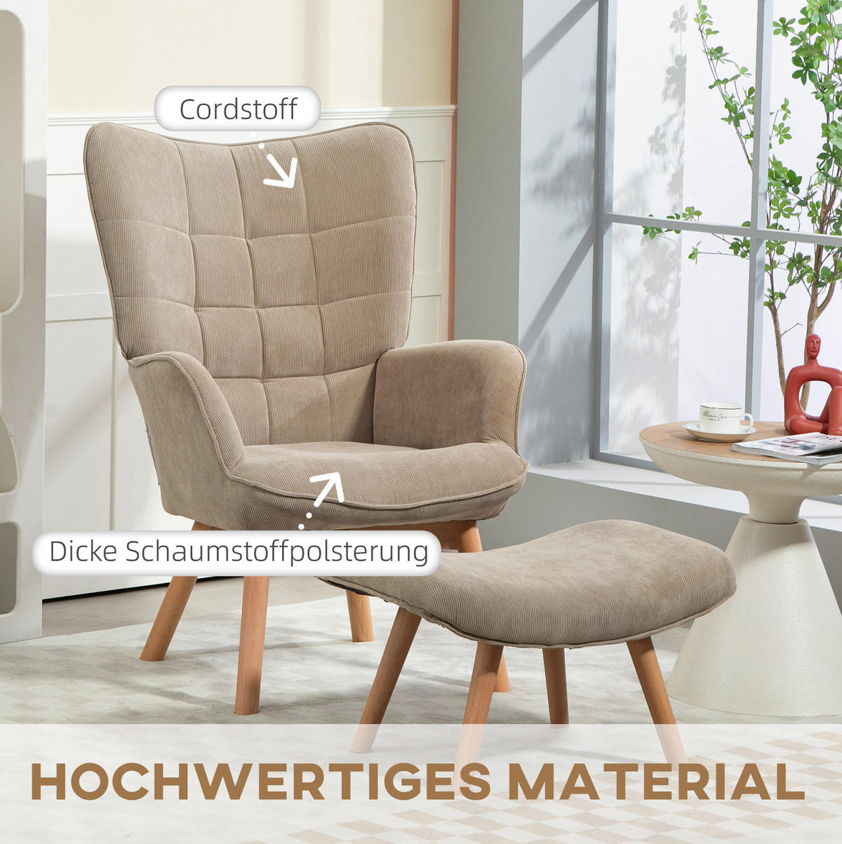 OHRENSESSEL mit Hocker Polyesterbezug, Holzbeine 72/80/101 cm Beige - Beige, Textil (72/101/80cm) - Redom
