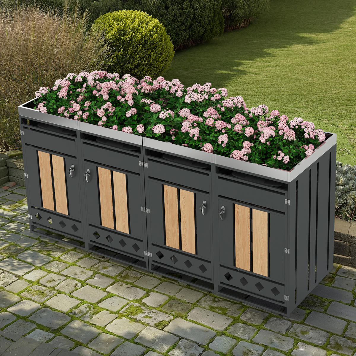 MÜLLTONNENBOX aus Stahl in Grau/Holzoptik mit Pflanzkasten & 4 Türen 264x80x124,5 cm - Grau, Metall (264/124.5/80cm) - Modfu