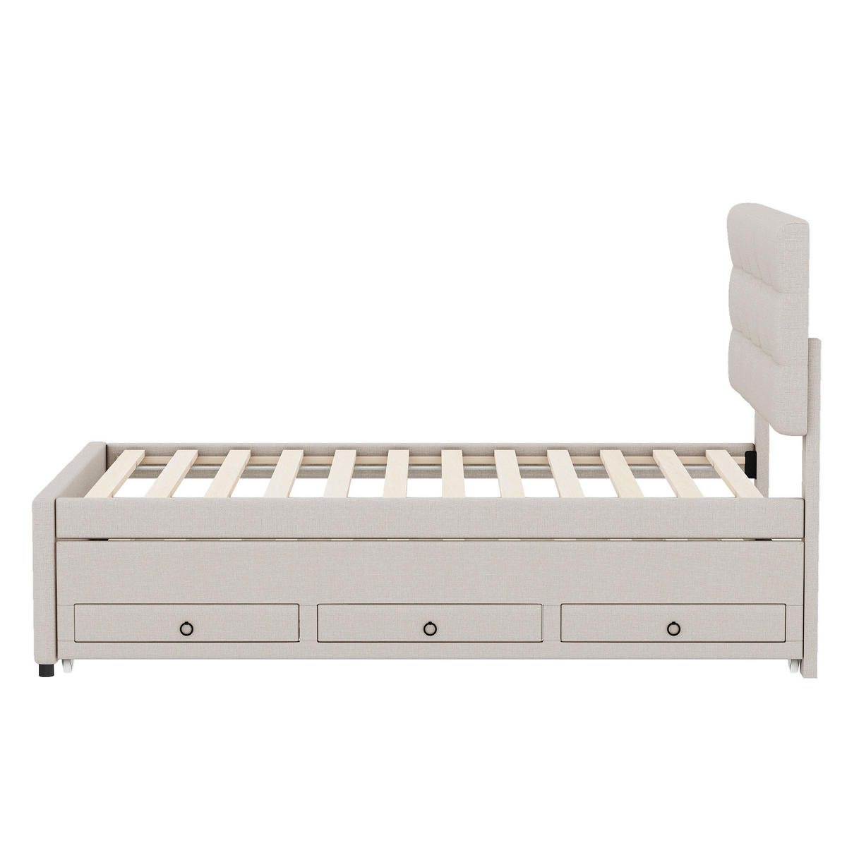 POLSTERBETT 90/200 cm mit Ausziehbett und 3 Schubladen, gepolstertes Kopfteil - Beige, Textil (90/200cm) - BEAOK