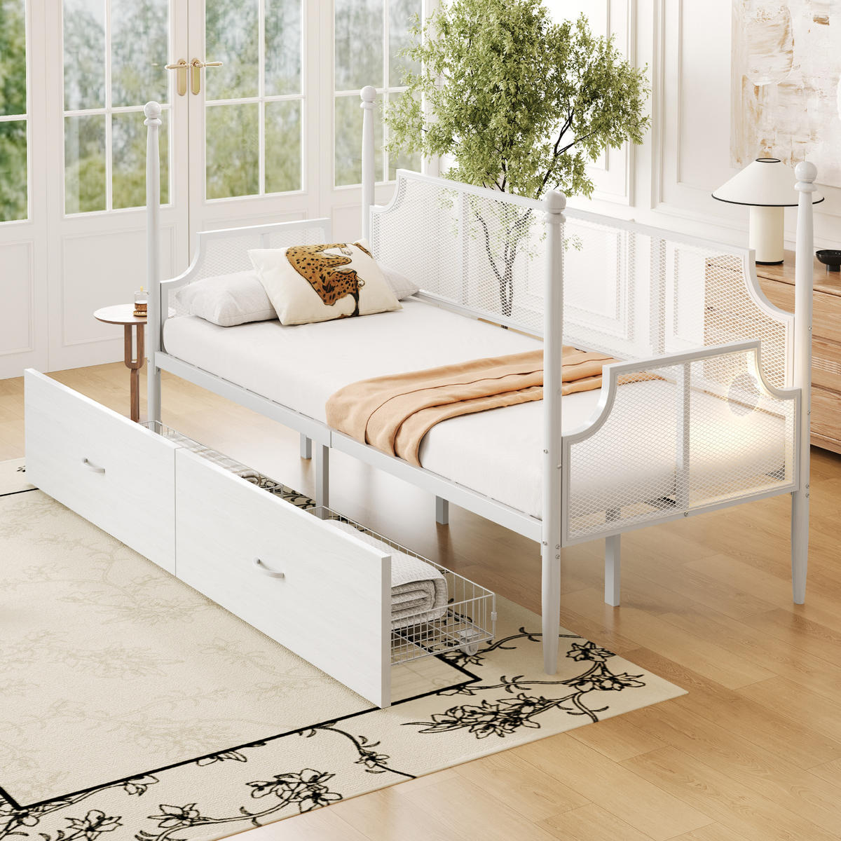 BETT 90x200 Metall Vintage Netz Armlehnen Ablage Weiß - Weiß, Metall - FLIEKS