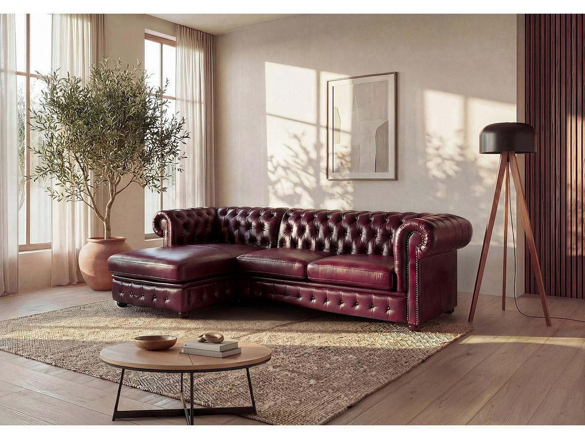 SOFA - 5 Personen - leder - bordeaux Brenton - Bordeaux, Leder/Holz (274/82/166cm) - Vente-Unique
