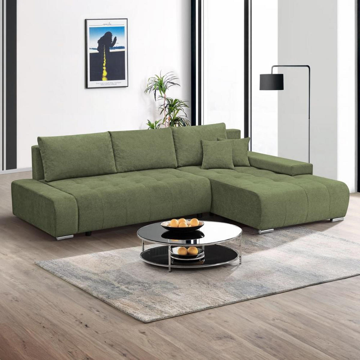 ECKSOFA Draco L grün rechts - Chromfarben/Grün, Textil/Metall (267/186cm) - Beautysofa