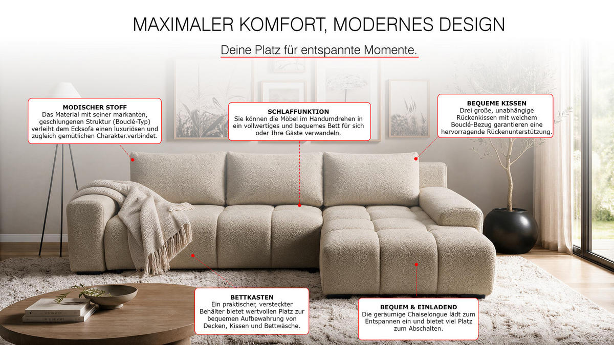 ECKSOFA Ovia mit Bettkasten und Schlaffunktion, Bouclé-Stoff in L-Form - Cappuccino, Textil (270/185cm)