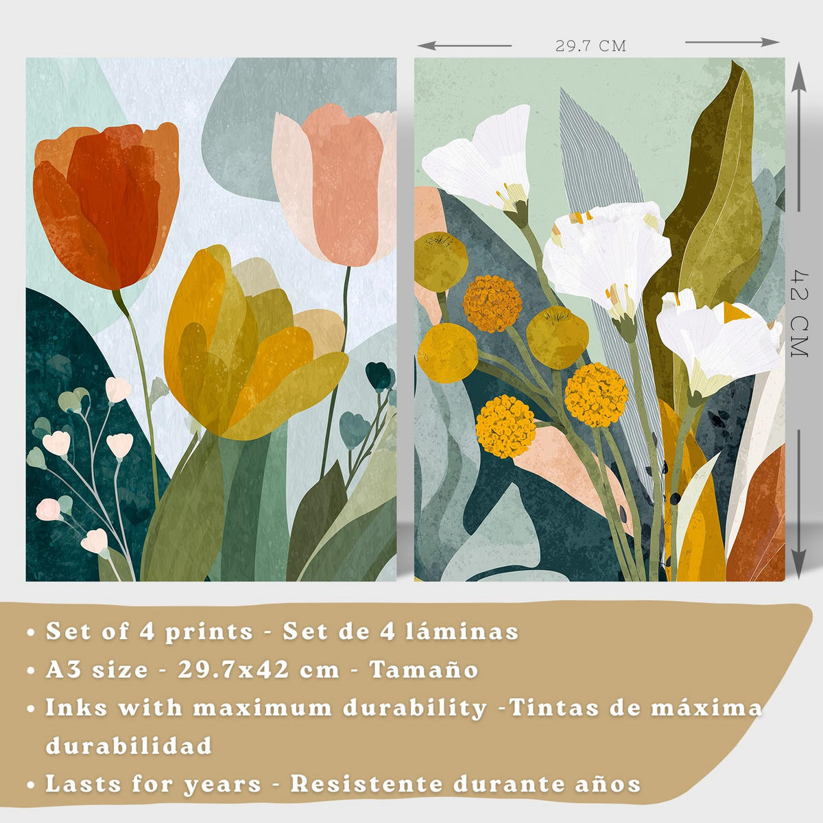 PLAKÁT Sada 4 Flores Bílý rám A3 - bílá, papír (42/29.7/3cm) - Nacnic