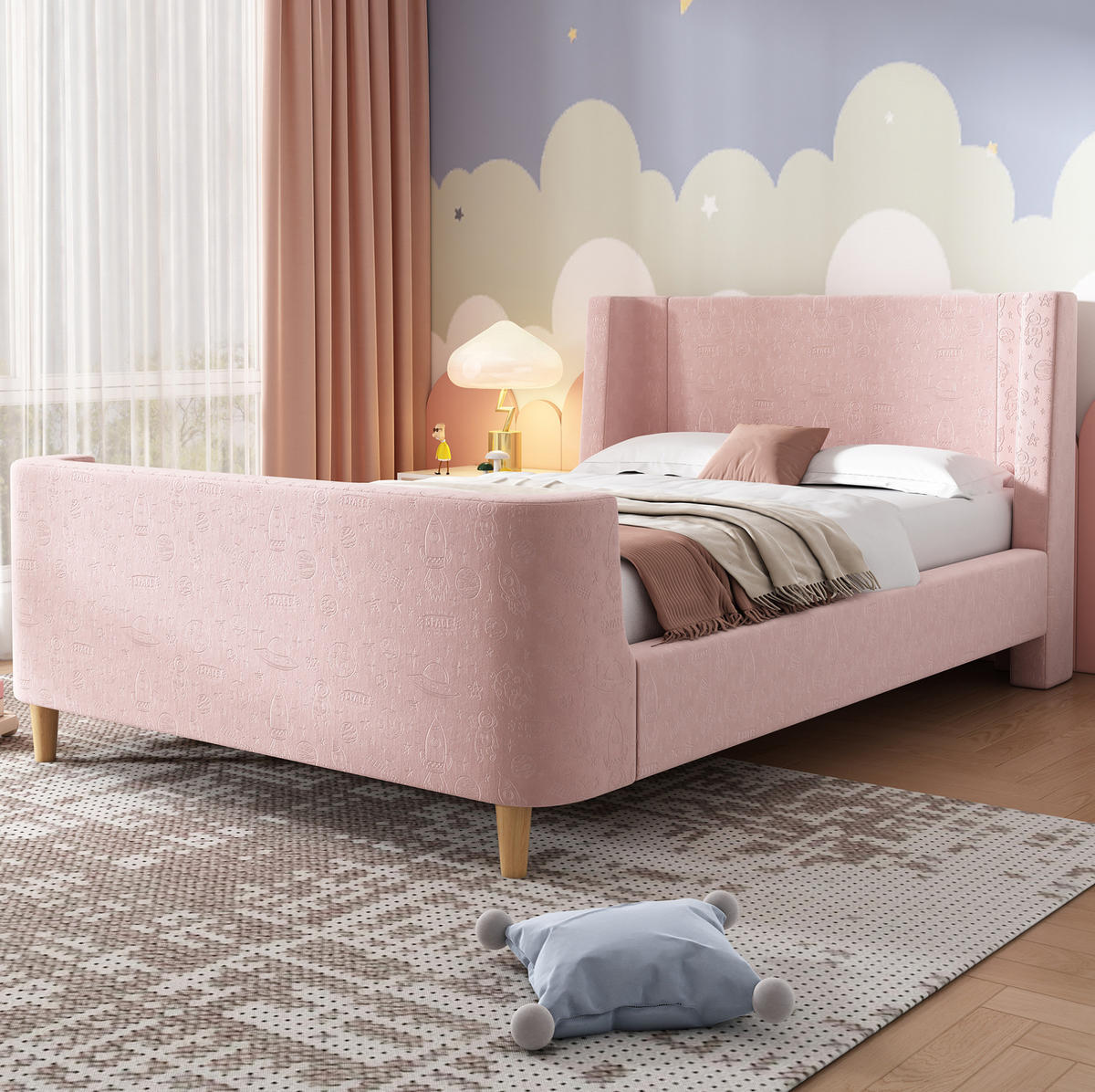 OTROŠKA postelja 90/200 cm roza iz žameta z vesoljskim vzorcem in oblazinjenim vzglavjem - pink, tekstil (90/200cm) - OKWISH