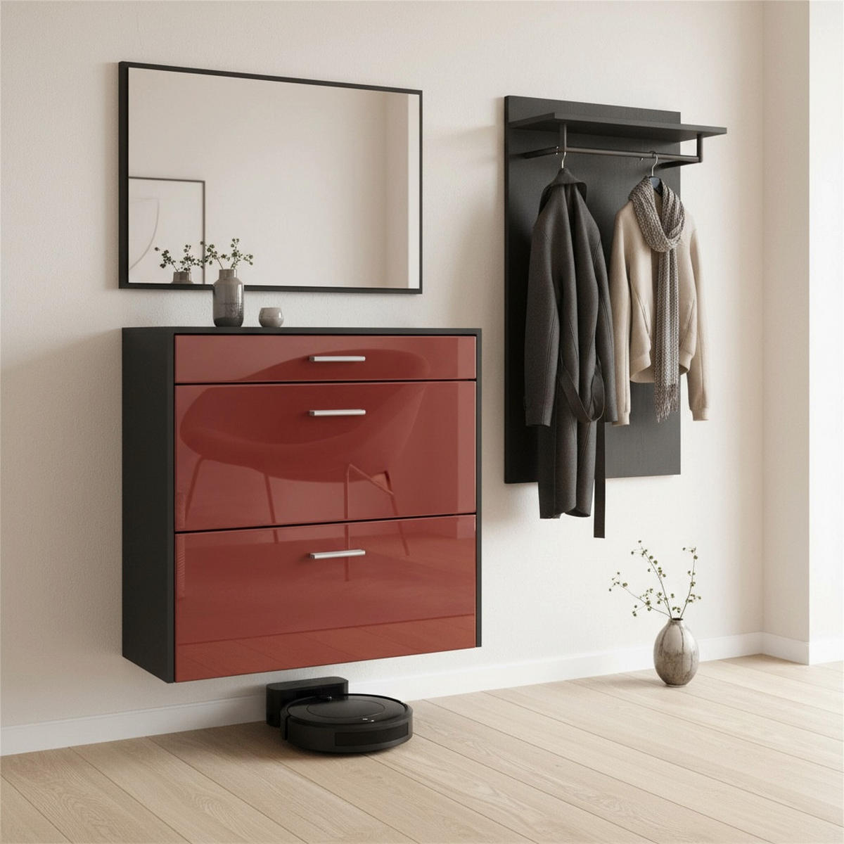 HÄNGENDER-SCHUHSCHRANK Roma Air Schmal mit 2 Klappen und 1 Schublade, Platzsparender Schuhkipper, Schwarz/Bordeaux Hochglanz (89 x 87 x 23 cm) - Bordeaux, Holzwerkstoff (89/87/23cm) - InnoFurn