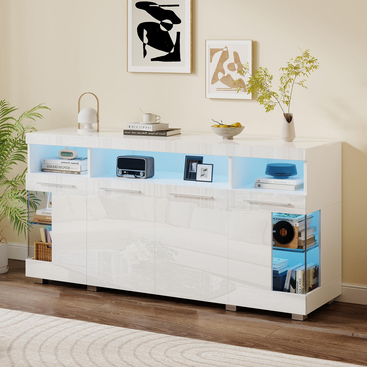 SIDEBOARD 140/40/70 cm in Weiß mit LED-Beleuchtung und Glasfächern - Transparent/Weiß, Glas/Holzwerkstoff (140/70/40cm) - CHICFURN