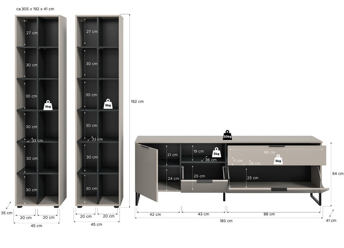 WOHNWAND kaschmir, schwarz 305 cm, Wohnzimmerschränke mit Soft-Close - Kaschmir/Schwarz, Holzwerkstoff/Kunststoff (305/192/41cm) - Inn.Furn