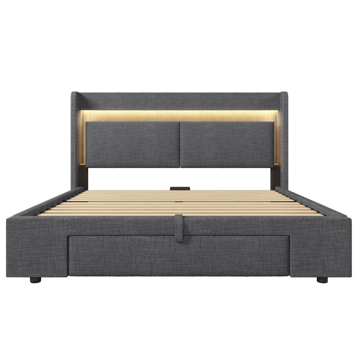 ČALOUNĚNÁ postel 140/200 cm šedá z lnu s hydraulickým úložným prostorem, LED a USB-C - šedá, textil (140/200cm) - OKWISH