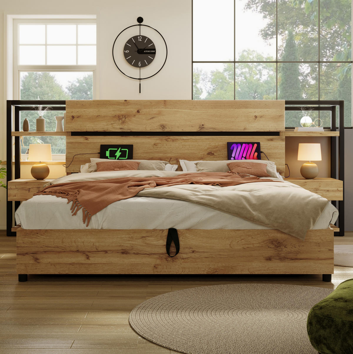 POLSTERBETT 180/200 cm in Eiche mit Stauraum und USB- und Type-C-Anschlüssen - Eichefarben, Holzwerkstoff (180/200cm) - Flora Grace