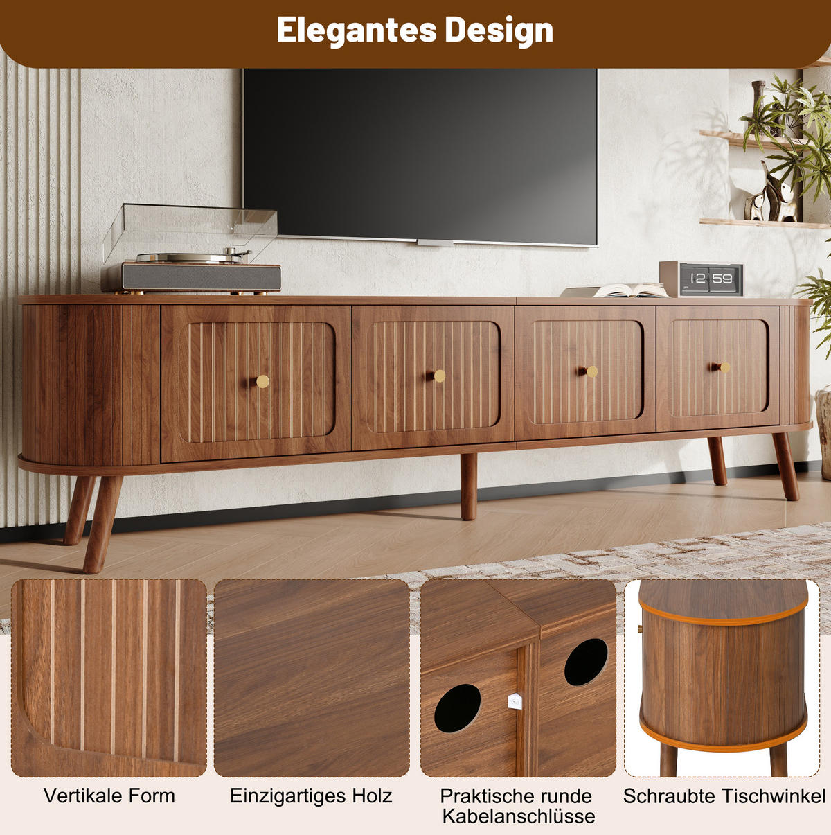 TV-SCHRANK aus MDF und Spanplatte 180x38x47 cm Nussbaum mit 4 Klapptüren und Vintage-Design - Braun, Holzwerkstoff (180/47/38cm) - Modfu