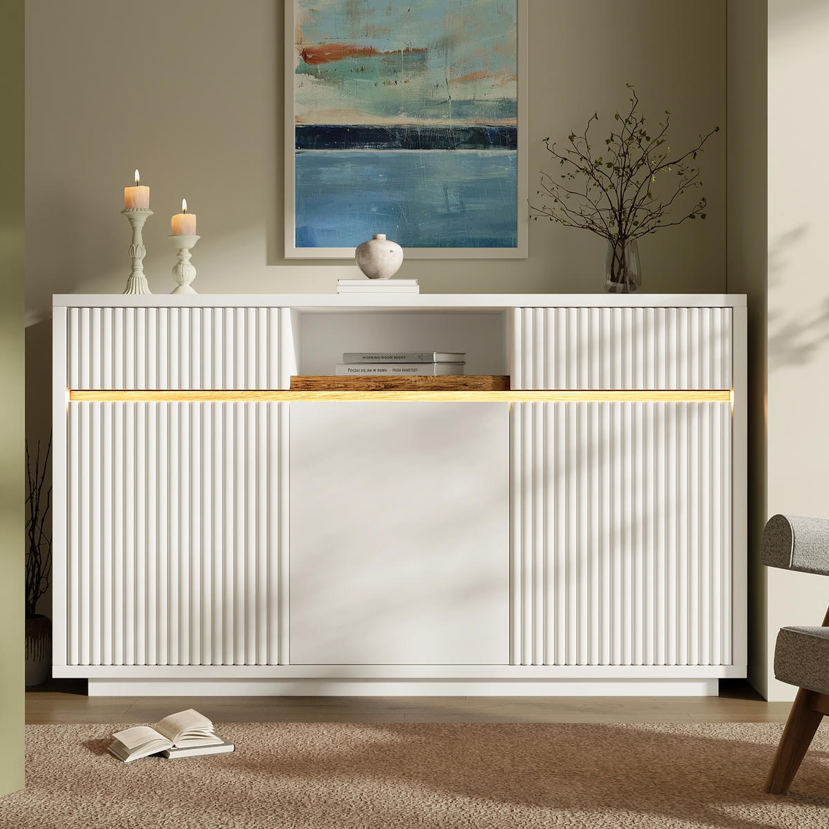 SIDEBOARD mit LED-Beleuchtung, Schubladen, Klapptüren & verstellbaren Böden Weiß Standardgröße Holzwerkstoff - Weiß, Holzwerkstoff (140/85/40cm) - EVRYAE