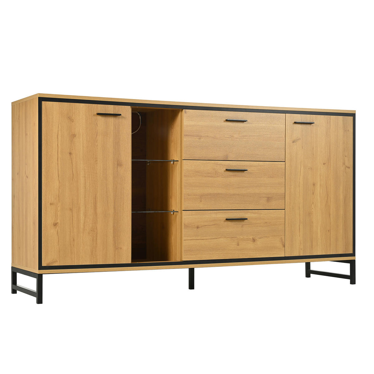 SIDEBOARD 160/40/85 cm in Holzfarbe aus Spanplatte mit 3 Schubladen und LED-Beleuchtung - Schwarz/Naturfarben, Glas/Holzwerkstoff (160/85/40cm) - CHICFURN