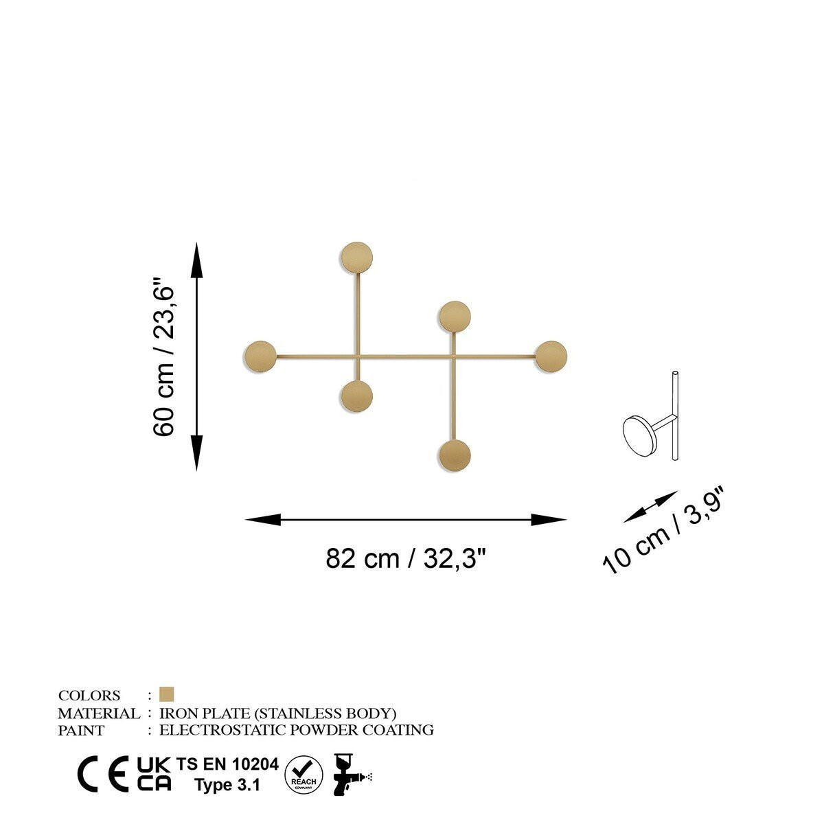 NÁSTĚNNÝ věšák na kabáty se 6 kovovými háčky, výška 60 cm - DAMA - zlatá, kov (10/60/82cm) - Calicosy
