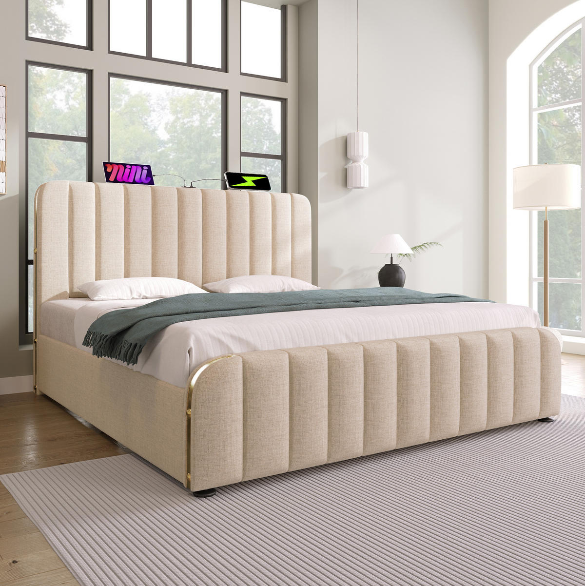POLSTERBETT 180/200 cm mit Bettkasten, USB-C und gepolstertem Kopfteil - Beige, Textil (180/200cm) - BEAOK