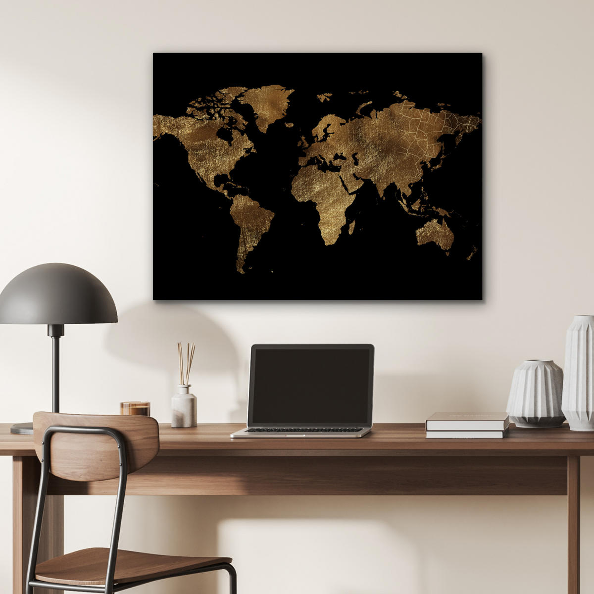 KOVOVÝ OBRAZ Mapa sveta - Zlato - Luxus - Zem - Čierna 80x60 cm - zlatá, kov (80/60cm) - MuchoWow