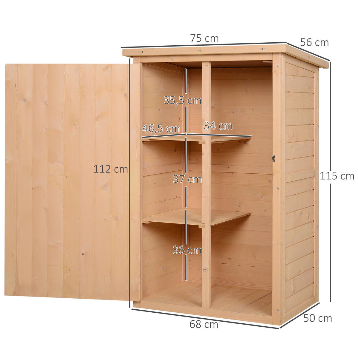 GARTENHAUS Geräteschuppen mit Regalböden, Lagerschuppen für Garten, Tanne, Naturholz - Fichtefarben, Holz (56/115/75cm) - Outsunny