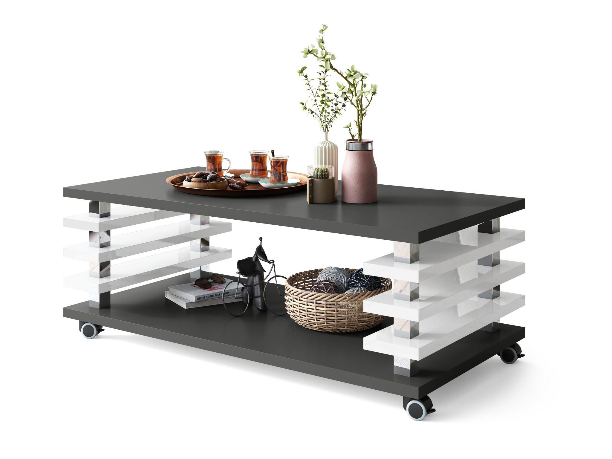 COUCHTISCH rechteckig Anthrazit matt - Weiß Hochglanz Ablage Rollen - Weiß Hochglanz/Anthrazit, Holzwerkstoff (60/120/45cm) - designimpex